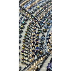 Tule Bordado com Pedrarias Premium Azul Marinho com Rosê Gold  HT97504 