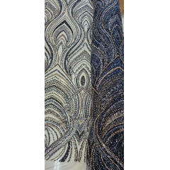 Tule Bordado com Pedrarias Premium Azul Marinho com Rosê Gold  HT97504 