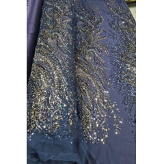 Tule Bordado com Pedrarias Premium Azul Marinho  HT98091 