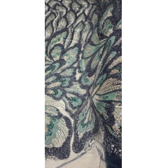 Tule Bordado com Pedrarias Premium Azul  Marinho Multicolor HT70561