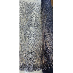 Tule Bordado com Pedrarias Premium Azul Marinho Multicolor HT70848