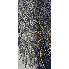 Tule Bordado com Pedrarias Premium Azul Marinho Multicolor HT97797 
