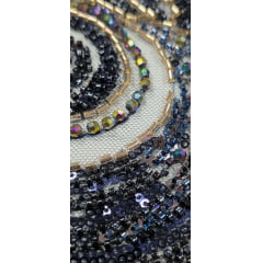 Tule Bordado com Pedrarias Premium Azul Marinho Multicolor Modelo HS70750