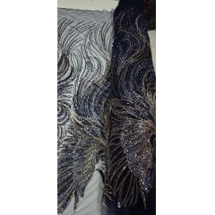 Tule Bordado com Pedrarias Premium Azul Marinho Multicolor Modelo HS70750