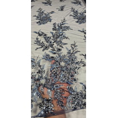 Tule Bordado com Pedrarias Premium Azul Marinho Multicolor 3D  Modelo W1F2758