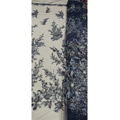 Tule Bordado com Pedrarias Premium Azul Marinho Multicolor 3D  Modelo W1F2758