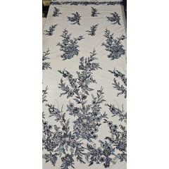 Tule Bordado com Pedrarias Premium Azul Marinho Multicolor 3D  Modelo W1F2758