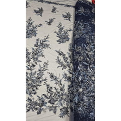 Tule Bordado com Pedrarias Premium Azul Marinho Multicolor 3D  Modelo W1F2758