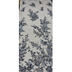 Tule Bordado com Pedrarias Premium Azul Marinho Multicolor 3D  Modelo W1F2758