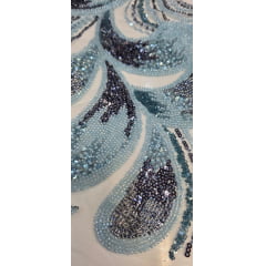 Tule Bordado com Pedrarias Premium Azul Multicolor HT70519 