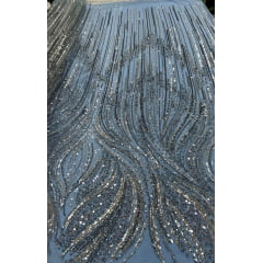 Tule Bordado com Pedrarias Premium Azul Serenity com Prata Modelo HT97436