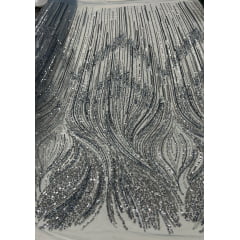 Tule Bordado com Pedrarias Premium Azul Serenity com Prata Modelo HT97436