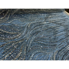 Tule Bordado com Pedrarias Premium Azul Serenity com Prata Modelo HT97436