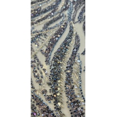 Tule Bordado com Pedrarias Premium Azul Serenity com Prata Multicolor  HT98063 