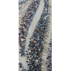 Tule Bordado com Pedrarias Premium Azul Serenity com Prata Multicolor  HT98063 