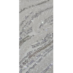 Tule Bordado com Pedrarias Premium Branco com Detalhes em Prata HT97424