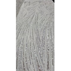 Tule Bordado com Pedrarias Premium Branco com Detalhes em Prata HT97424