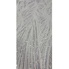 Tule Bordado com Pedrarias Premium Branco com Detalhes em Prata HT97424