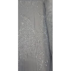 Tule Bordado com Pedrarias Premium Branco com Prata  HT70575  