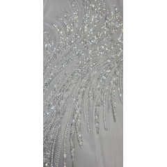 Tule Bordado com Pedrarias Premium Branco com Prata  HT70575  