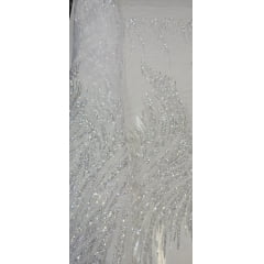 Tule Bordado com Pedrarias Premium Branco com Prata  HT70575  