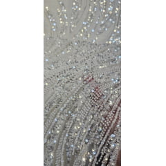 Tule Bordado com Pedrarias Premium Branco com Prata  HT70575  