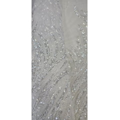 Tule Bordado com Pedrarias Premium Branco com Prata  HT70575  