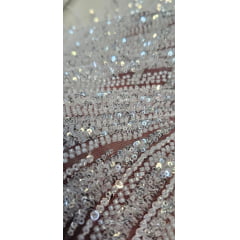 Tule Bordado com Pedrarias Premium Branco com Prata  HT70575  