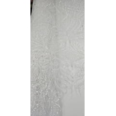 Tule Bordado com Pedrarias Premium Branco Modelo HS1042  