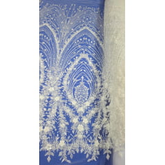 Tule Bordado com Pedrarias Premium Branco ST19
