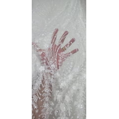 Tule Bordado com Pedrarias Premium Branco ST19