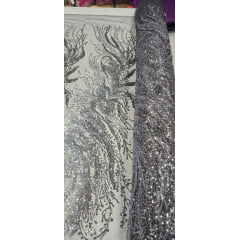 Tule Bordado com Pedrarias Premium Cinza Chumbo   HT98091  