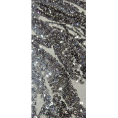 Tule Bordado com Pedrarias Premium Cinza Chumbo   HT98091  