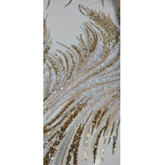 Tule Bordado com Pedrarias Premium Dourado com Branco  HT70575 