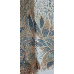 Tule Bordado com Pedrarias Premium Dourado com Verde Cerâmica  HT70509 