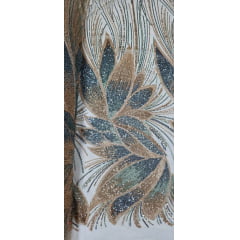 Tule Bordado com Pedrarias Premium Dourado com Verde Cerâmica  HT70509 