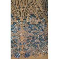 Tule Bordado com Pedrarias Premium Dourado com Verde Cerâmica HT70523