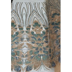 Tule Bordado com Pedrarias Premium Dourado com Verde Cerâmica HT70523 Tule Bordado com Pedrarias Premium Dourado com Verde Cerâmica HT70523