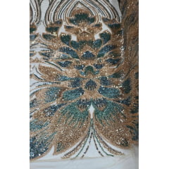Tule Bordado com Pedrarias Premium Dourado com Verde Cerâmica HT70523