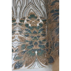 Tule Bordado com Pedrarias Premium Dourado com Verde Cerâmica HT70523