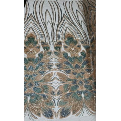 Tule Bordado com Pedrarias Premium Dourado com Verde Cerâmica HT70523