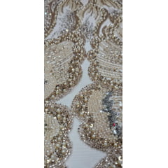 Tule Bordado com Pedrarias Premium Dourado Multicolor HT70561 