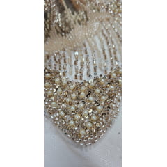 Tule Bordado com Pedrarias Premium Dourado Multicolor HT70561 
