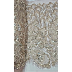 Tule Bordado com Pedrarias Premium Dourado Multicolor HT70561 