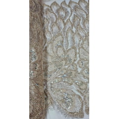 Tule Bordado com Pedrarias Premium Dourado Multicolor HT70561 