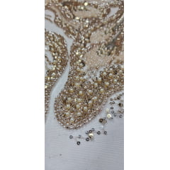 Tule Bordado com Pedrarias Premium Dourado Multicolor HT70561 