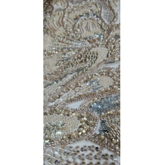 Tule Bordado com Pedrarias Premium Dourado Multicolor HT70561 
