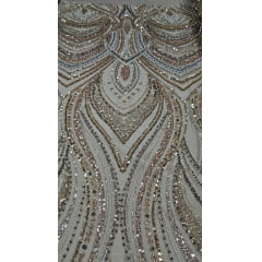 Tule Bordado com Pedrarias Premium Dourado Multicolor HT97504 