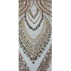 Tule Bordado com Pedrarias Premium Dourado Multicolor HT97504 