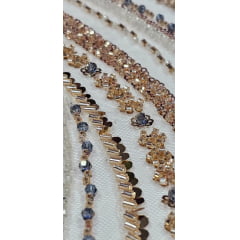 Tule Bordado com Pedrarias Premium Dourado Multicolor HT97504 